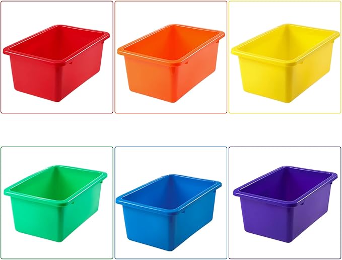 Outus 48 Pcs Plastic Cubby Bins Bulk for Classroom Organization Small Stackable Book Bins Toy Storage Box Container Tubs Organizer with 120 Self Adhesive Label for Library School Office Home, 6 Colors