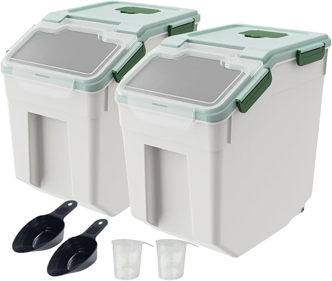 Large Flour Storage Container, 50lbs 2 Pack Rice Storage Bin with Sealed Lid, Measuring Cup & Scoop, BPA Free Plastic Rice Dispenser for Flour, Rice, Dog Food for Kitchen Pantry Organization - Green