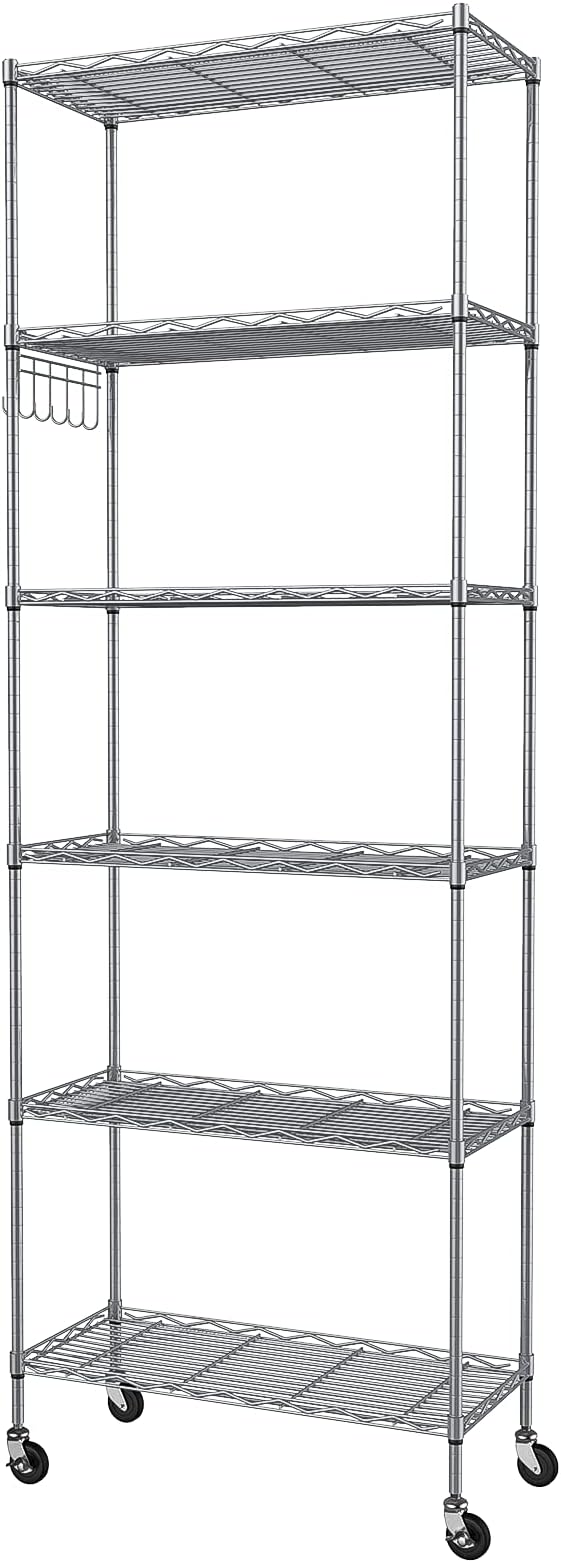Homdox 6-Tier Storage Shelf Wire Shelving Unit Free Standing Rack Organization with Caster Wheels, Stainless Side Hooks, Silver Gray | Rack Organization, with Caster Wheels, Stainless Side Hooks