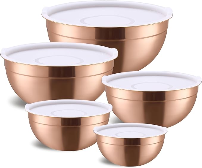 Moxinox Rose Gold Mixing Bowls with Airtight Lids, Stainless Steel Nesting Mixing Bowls Set of 5, Ideal for Baking, Prepping and Serving Food, Size 5.5, 3.6, 2.7, 2.1, 1.5, QT, Stackable Design