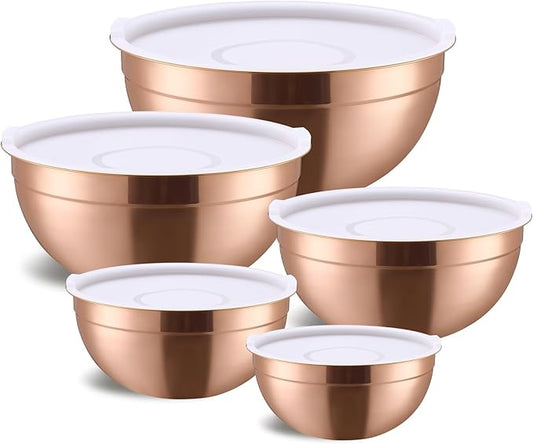 Moxinox Rose Gold Mixing Bowls with Airtight Lids, Stainless Steel Nesting Mixing Bowls Set of 5, Ideal for Baking, Prepping and Serving Food, Size 5.5, 3.6, 2.7, 2.1, 1.5, QT, Stackable Design
