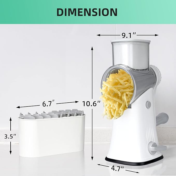REDPANT 5 in 1 Rotary Cheese Grater, Manual Hand Crank Cheese Grater With Reinforced Suction & 5 Interchangeable Blades, Multifunctional Cheese Shredder, Easy to Use and Clean, White