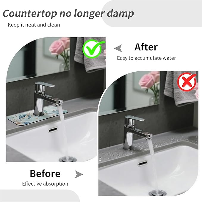 Kitchen Sink Splash Guard，two turtles Faucet Mat Sink Gadgets-Super Absorbent Fast Drying Mat Drip Catcher for Kitchen, Bathroom,Sink Mat, Dish Drying Mat, Bathroom(15" X 5.5" )
