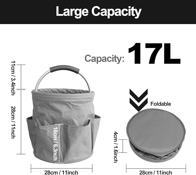 Foldable cleaning caddy basket & Portable cleaning caddy Bucket Cleaning Organizer with Handle and 6 Pockets cubetas para limpieza for Home Garden Camping Storage (Gray)