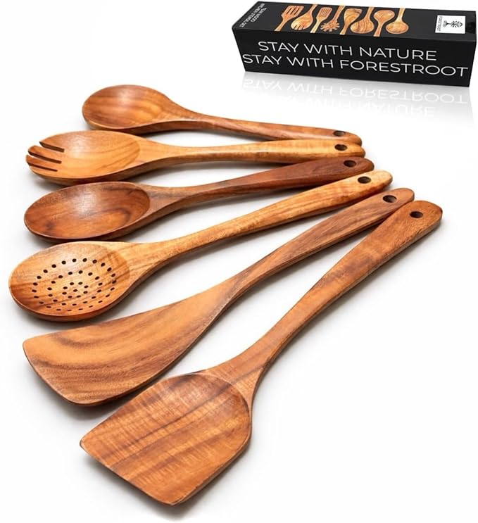 Forestroot 6-Piece Wooden Utensil Set – Premium Teak Wood Cooking Spoons & Spatulas, Non-Stick, Heat-Resistant, Durable & Eco-Friendly Kitchen Tools for Cooking & Serving