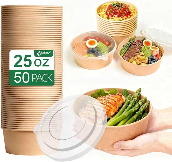 ganfaner 25 oz Disposable Kraft Round salad Bowls with Lid, 50 Sets Leakproof Microwave Meal soup containers Bowls, Waterproof Take Out Food Containers for Lunch Snack Camping Family