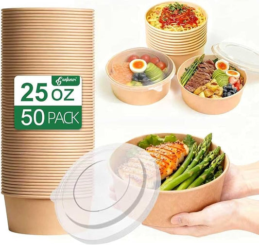 ganfaner 25 oz Disposable Kraft Round salad Bowls with Lid, 50 Sets Leakproof Microwave Meal soup containers Bowls, Waterproof Take Out Food Containers for Lunch Snack Camping Family