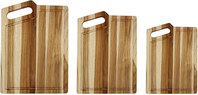 EcoDecors 3 Piece Teak Wood Cutting Board Set, FSC Certified Edge Grain Wood with Juice Groove and Handle, Serving Boards for Chopping and Carving
