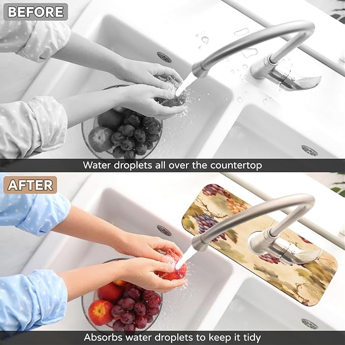 Vintage Grape Kitchen Faucet Mat Splash Guard, 15.4”x5.7” Absorbent Quick Drying Sink Mat for Countertop Protection, Draining Mat Sink Protectors For Kitchen Bathroom, 2 Pack