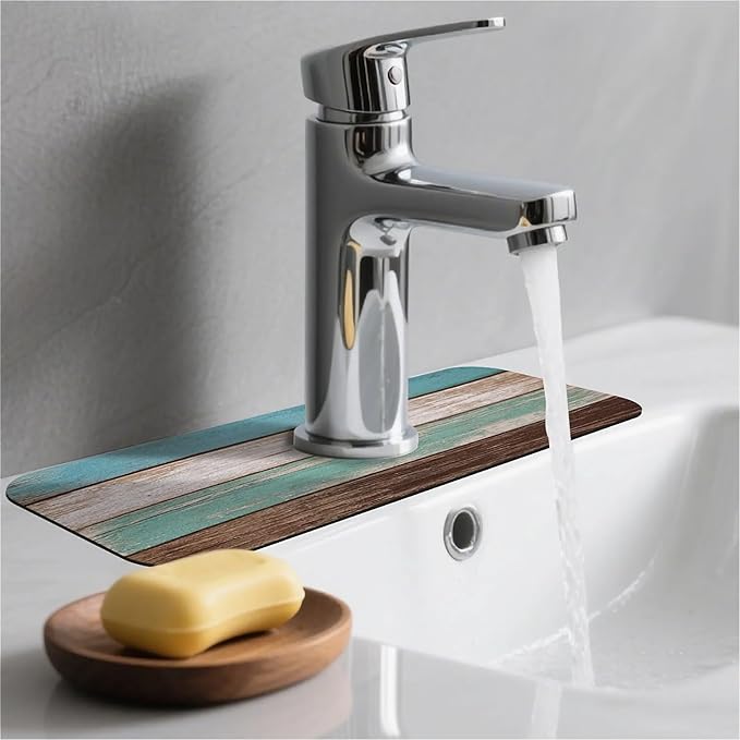 Kitchen Sink Splash Guard，Vintage wooden planks Faucet Mat Sink Gadgets-Super Absorbent Fast Drying Mat Drip Catcher for Kitchen, Bathroom,Sink Mat, Dish Drying Mat, Bathroom(15" X 5.5" )