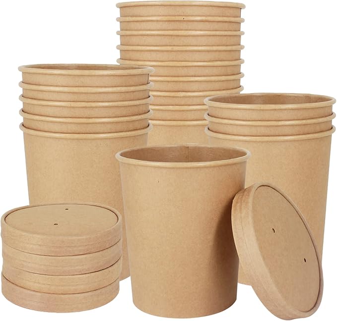 Belinlen 30 Sets 32 oz Paper Ice Cream Cups with Lids, Paper Food Containers With Vented Lids, To Go Hot Soup Bowls For Restaurants, Take Outs, or To-Go Lunch, Kraft
