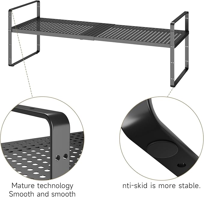 taiheis Hole Pattern Expandable Shelf Organizer,1Pack 10.2" Wide Easy to Assemble Cabinet Organizer Shelf, 16.5~27.1" Adjustable Height&Stackable Spice Organization for Cupboard, Black