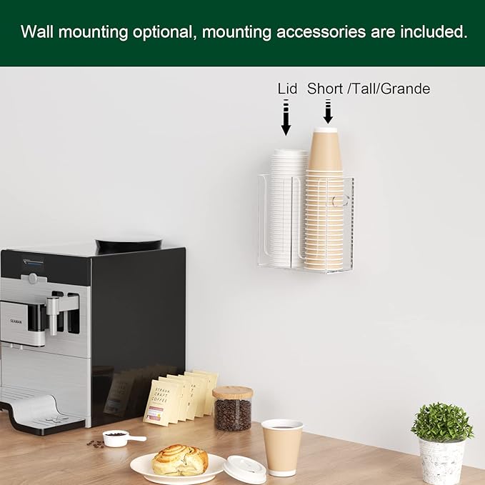 Disposable Coffee Cup Dispenser with Handles, Countertop or Wall Mount Hot/Cold Drink Cup and Lid Holder - Bathroom/Kitchen/Office Acrylic Cup Lid Storage Organizer (2 Compartments, Clear)