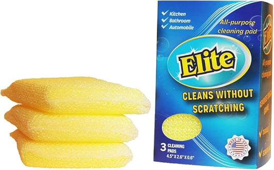 Elite All Purpose Cleaning Pad, 3 Pack, Non Scratch, Dish Sponge, Scrubber, Sponges for Kitchen and Household Use, Made in USA