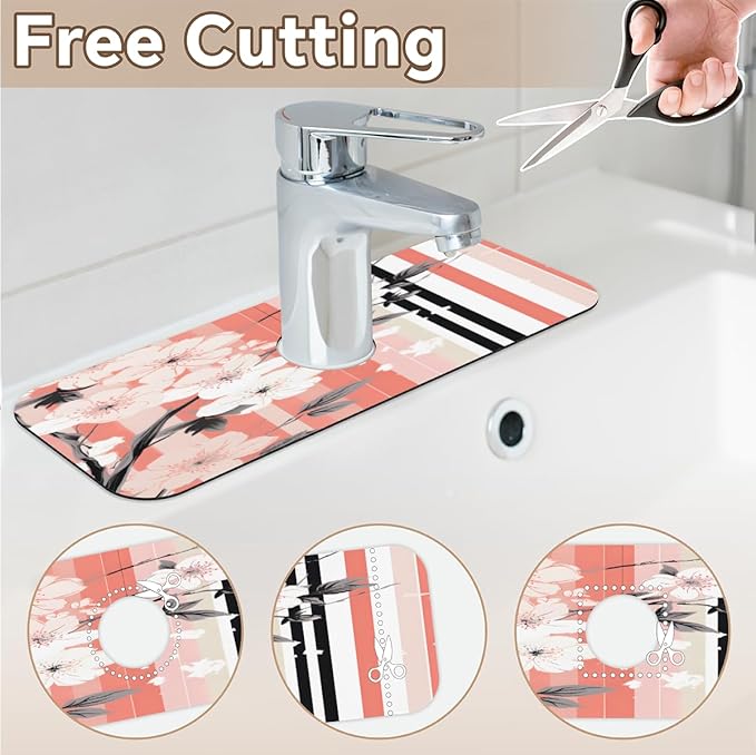 Petals Stripe Kitchen Faucet Mat Splash Guard, 15.4”x5.7” Absorbent Quick Drying Sink Mat for Countertop Protection, Draining Mat Sink Protectors For Kitchen Bathroom, 2 Pack