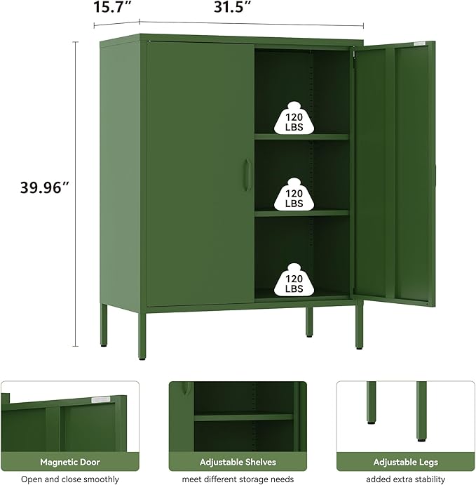 Metal Cabinet with 2 Doors and 4 Shelves，39.96" Tall Steel Office Cabinet,Bathroom Floor Locker for Office,Home,Garage,Gym,School (1PC,Forest Green)