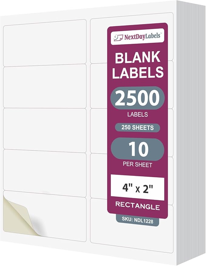 NextDayLabels 4x2 Inch Rectangle Stickers White Blank Labels for Laser Inkjet Printer - 10 Per Sheet Self-Adhesive Product Barcode Inventory Made in USA - 2500 Labels