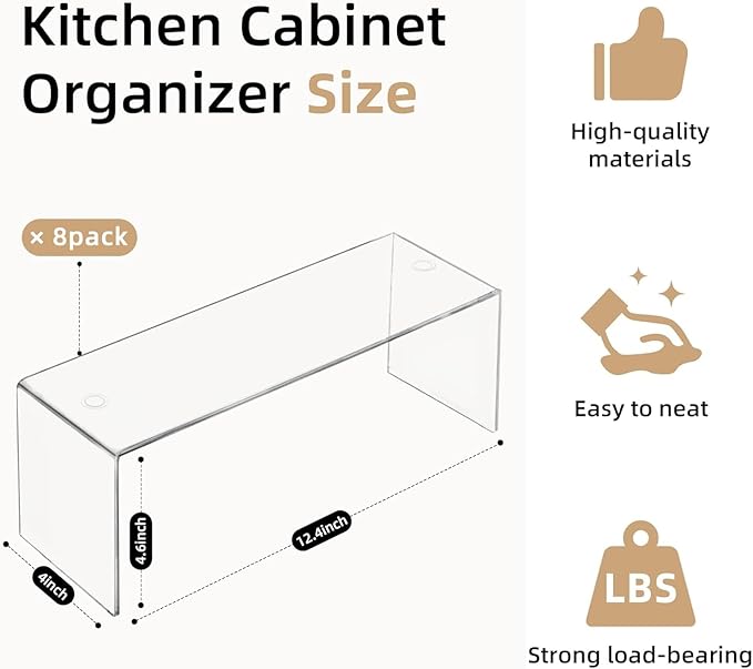 8 Packs Cabinet Organizer Shelf, Acrylic kitchen Cabinet Shelves, Shelf Riser for Dishes, Spices, Soda Cans and Bottles（12.4 x 4 x 4.6 inch）