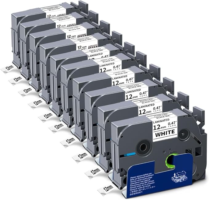 10 Pack Tze Label Maker Tape Refill Compatible with Brother TZe-231 TZ TZe Tape 12mm 0.47 Laminated White TZe231 Work for P Touch Label Tape PT-D220 D210 H110 D200 D400 1280 D610BT, 1/2" (12 mm x 8m)