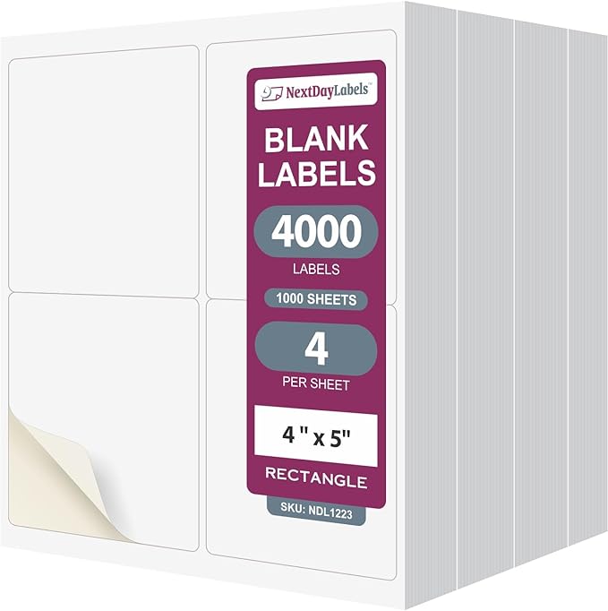 NextDayLabels 4x5 Inch Rectangle Stickers White Blank Labels for Laser Inkjet Printer - 4 Per Sheet Self-Adhesive Shipping Product Packaging Made in USA - 4000 Labels