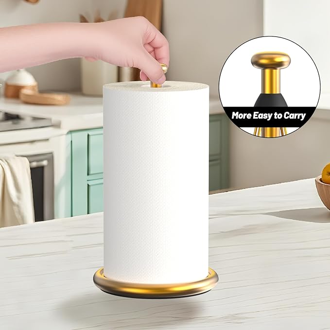 VEHHE Gold Paper Towel Holder Countertop with Weighted Base, One-Handed Tear Kitchen Towel Holder with Damping Function and EVA Non-Slip Pad for Bathroom
