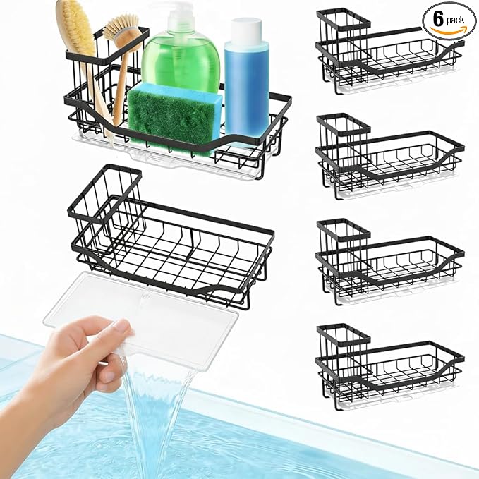 6Pc Bulk Kitchen Sink Caddy,Sponge Holder For Kitchen Sink,Kitchen Caddy Sink Organizer,With Detachable Brush Holder And Drip Tray For Household,Hotel,Apartment,Dormitory,Kitchen(8.3Lx4.2Wx5H Inch)