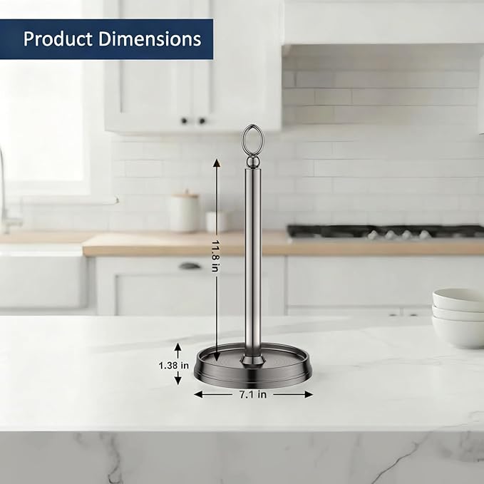 KASUNTO Paper Towel Holder With Heavy Weighted Base - Steel Countertop Stand for Kitchen, Bars & Dining Tables - Fits Standard & Jumbo Rolls - Brushed Nickel