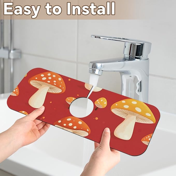 1 PC 15.4*5.7 Inch Absorbent Faucet Mat for Kitchen Sink Diatom Mud Tailored Sink Splash Guard for Bathroom Kitchen Red Mushroom