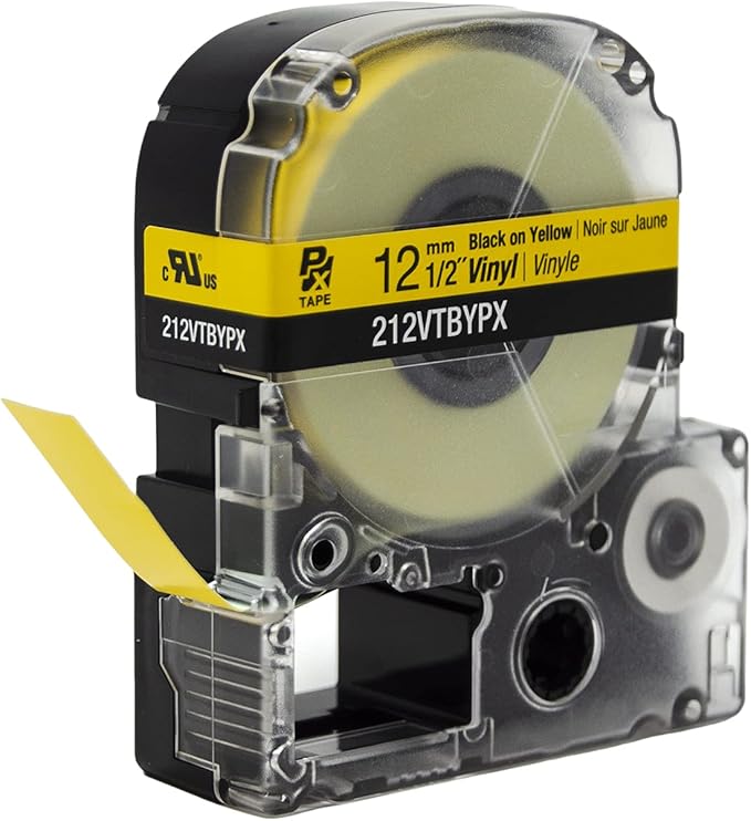 LABELWORKS 212VTBYPX Tape Cartridge - Black on Yellow Flexible and Durable Vinyl Industrial Label Maker Tape - 1/2" (12MM) Wide, 22.9 ft