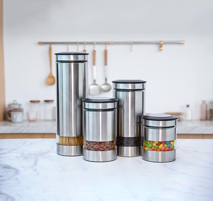 Le'raze Quality Stainless Steel Canister Set of 4 for Kitchen Counter with Glass Window & Airtight Lid - Food Storage Containers with Lids Airtight - Pantry Storage and Organization Set