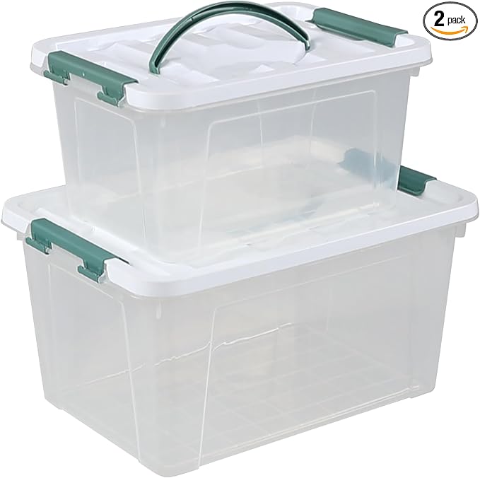 Clear Storage Latch Box/Bin, 2-Pack Plastic Organizing Container with Handle and Lids (14 QT & 7QT)