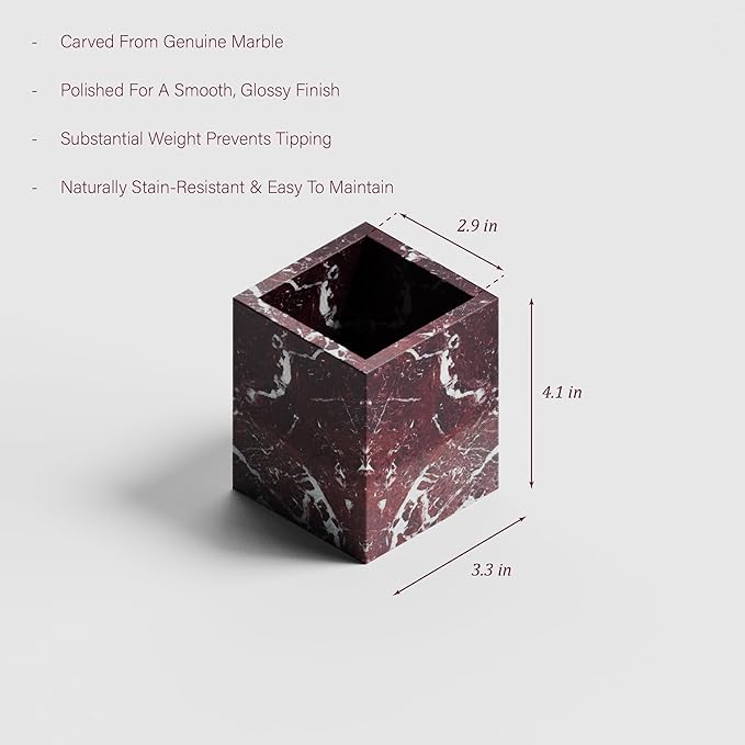 Marble Toothbrush Holder – 4.1" Genuine Stone Bathroom Cup for Makeup Brushes, Pens & Utensils | Natural Marble Organizer for Vanity, Countertop & Home Décor (Rosso Lepanto Red)