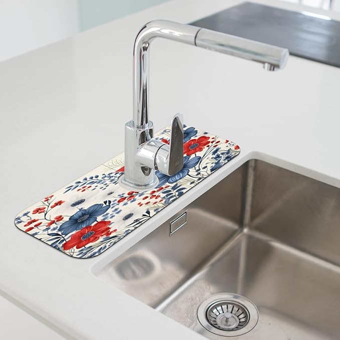 Patriotic Bloom Burst Kitchen Faucet Mat Splash Guard, 15.4”x5.7” Absorbent Quick Drying Sink Mat for Countertop Protection, Draining Mat Sink Protectors For Kitchen Bathroom, 2 Pack