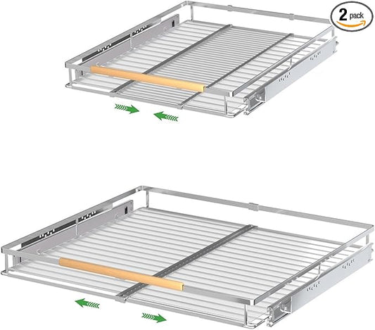 SOFRON Expandable Pull Out Drawer Cabinet Organizers, Heavy Duty Slide Out Storage Shelf for Home Kitchen Pantry Cupboard Pots Pans, Adjustable Width from 17.2"~28.1", Stainless Steel 2 Pack
