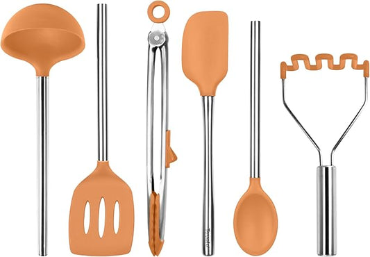 Tovolo Silicone Cooking Utensil Set of 6 Apricot Orange Ladle Slotted Turner Tongs Flex Core Spatula Scraper Mixing Spoon Potato Masher, Dishwasher Safe Non Toxic BPA Free Silicone Kitchen Utensils