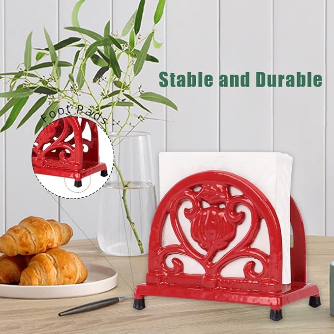 MINLUFUL Napkin Holder for Table - Vintage Farmhouse Kitchen Restaurant Cast Iron Napkin Holder for Dinner Cocktail Paper Napkins, Red