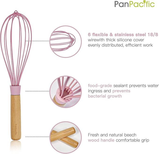 Panpacific 12" Silicone Spatula Set for Nonstick Cookware - Heat Resistant With Scraper/Brush/Whisk, Wooden Handle Baking Utensil Set, 4 Piece (Cherry Pink)