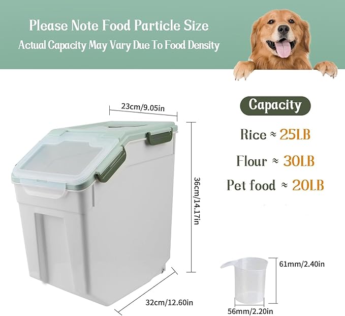 YXQ 25LB Large Flour Storage Container Bin,Green Airtight Plastic with Wheels Seal Locking Lid Dispenser Organizer Storage Bin with Measuring Cup & Scoop for Flour, Rice, Grain，Set of 4