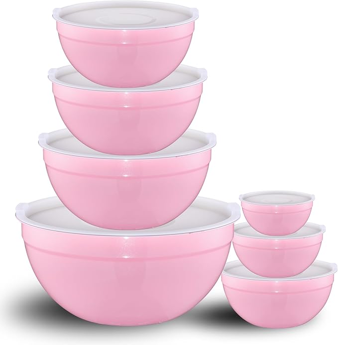 LKTDYMEG Pink Mixing Bowls with Lids Set of 7, Stainless Steel Nesting Bowl with Khaki Lid for Non-slip Mixing Prepping Storing Serving, 7 Sizes-7/3.6/2.7/2.1/1.5/1/0.8 QT