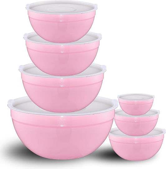 LKTDYMEG Pink Mixing Bowls with Lids Set of 7, Stainless Steel Nesting Bowl with Khaki Lid for Non-slip Mixing Prepping Storing Serving, 7 Sizes-7/3.6/2.7/2.1/1.5/1/0.8 QT