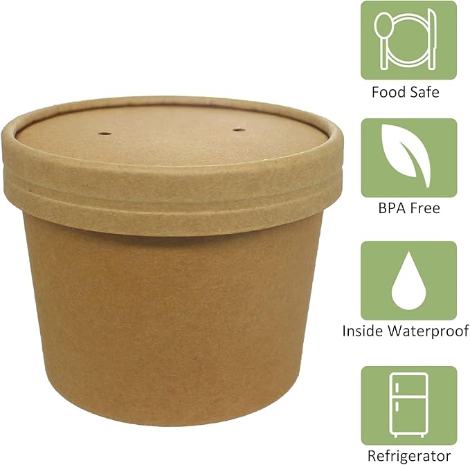 Belinlen Paper Ice Cream Cups with Paper Lids, Hot/Cold Soup Cups with Lids (Kraft) (50, 12 oz)