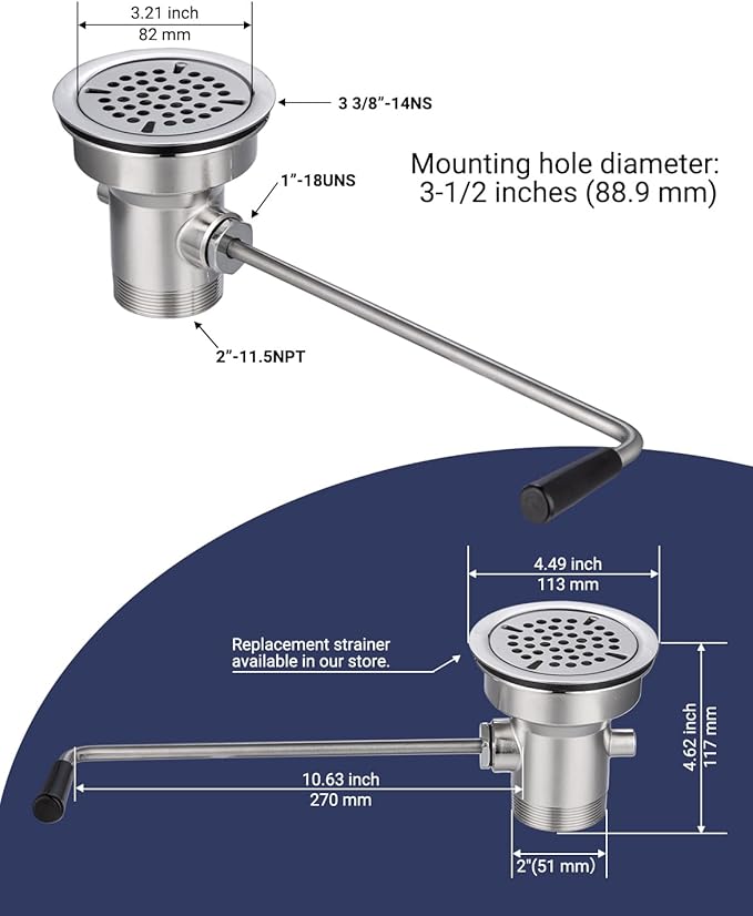 3-1/2" Commercial Sink Drain with Twist Lever Handle, Waste Drain Valve Without Overflow Inlet for Restaurant 2/3 Compartment Sink, Easy Controll, Block-Free and Leakproof