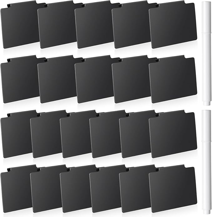 Chinco 24 Pcs Basket Label Clips Set Include 30 Removable Kitchen Clip Label Holder PVC Storage Bin with 2 Chalk Markers for Basket Kitchen Pantry Organization (Black Clip,White Pen)