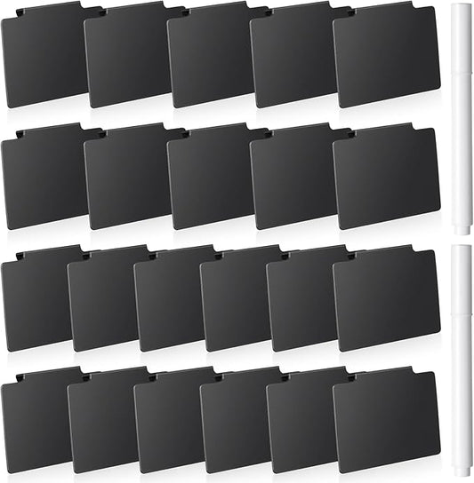 Chinco 24 Pcs Basket Label Clips Set Include 30 Removable Kitchen Clip Label Holder PVC Storage Bin with 2 Chalk Markers for Basket Kitchen Pantry Organization (Black Clip,White Pen)