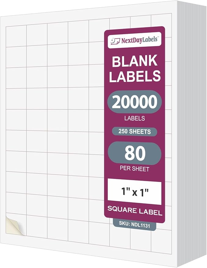 NextDayLabels 1x1 Inch Square Stickers White Blank Labels for Laser Inkjet Printer - 80 Per Sheet Self-Adhesive Color Coding Inventory Barcode Made in USA - 20,000 Labels