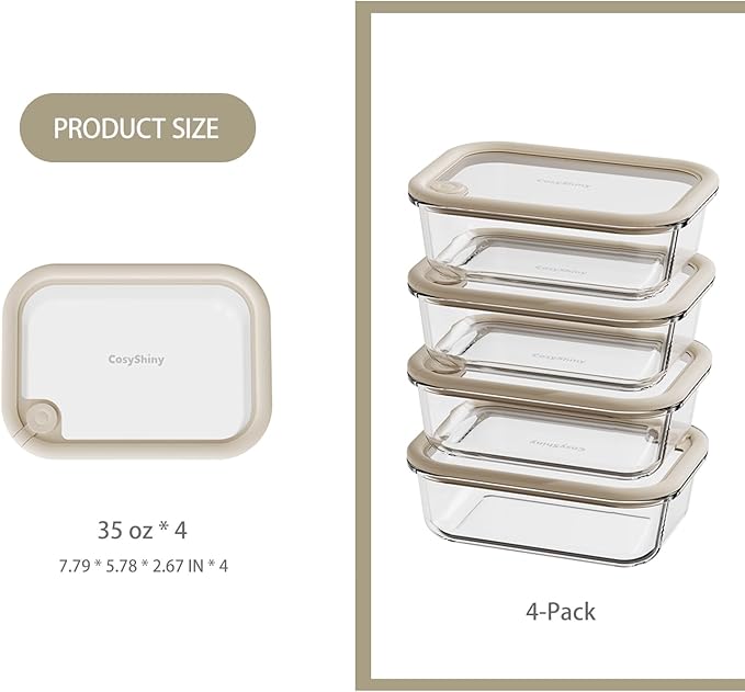 Glass Food Storage Containers with Silicone Glass Lids, Stainless Steel Salad Dressing Containers, Microwave-safe LeakProof Food Containers Set, 4-pack 35 oz（White）