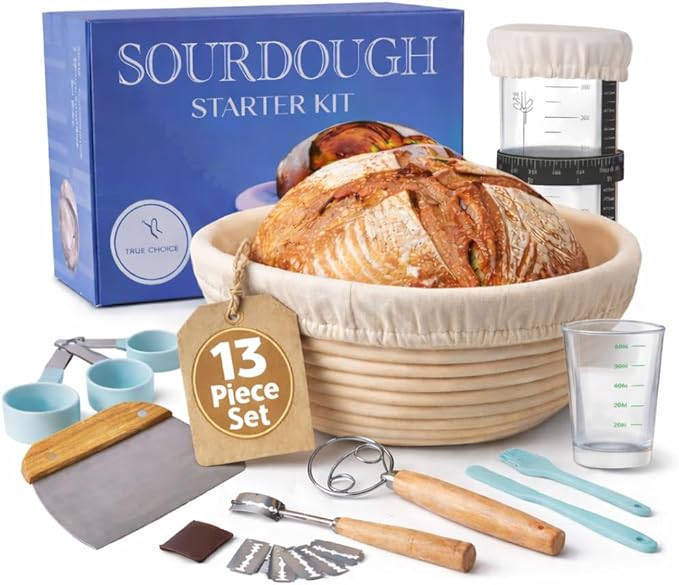 Trigli - 13 Pcs Sourdough Starter Kit with Jar - Sour Dough Starter Kits – Sourdough Bread Baking Supplies Set - Bread Making Tools with Dough Whisk, Scraper, Lame, Spatula, Silicone Brush