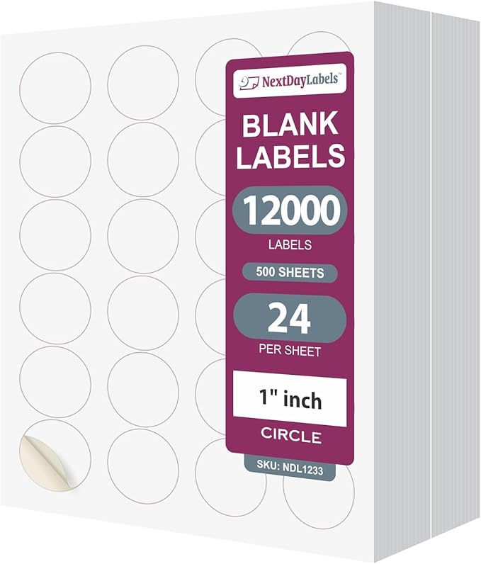 NextDayLabels 1.66 Inch Round Circle Stickers White Blank Labels for Laser Inkjet Printer - 24 Per Sheet Self-Adhesive Candle Jar Product Made in USA - 12000 Labels