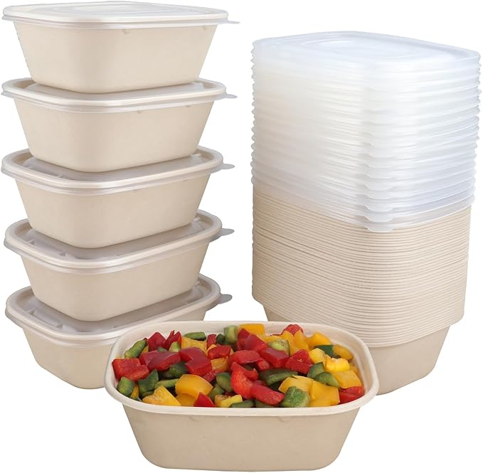 JAYEEY 44 oz Disposable salad bowls with lids, Sugarcane Fiber Paper Bowls take away Bagasse food containers meal prep deli container 50 Pack
