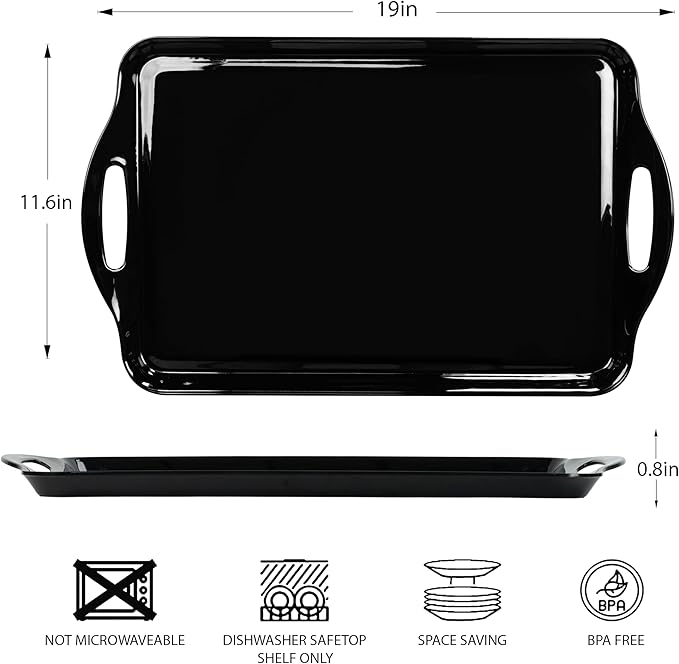 Large Black Serving Tray with Handles, 19''x11.6'' Melamine Platters, Rectangular Trays for Serving Food, Turkey, Cookie, Cupcakes, Desserts, Dishwasher Safe, BPA-Free, Set of 2